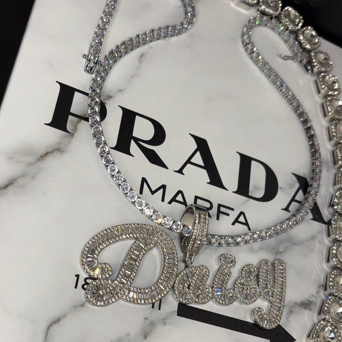 Custom Cursive Iced Out Bageutte Cubic Necklace - Lux Collections Boutique