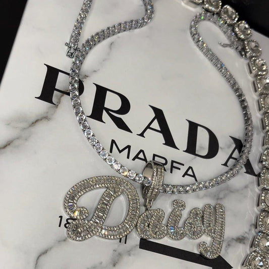 Custom Cursive Iced Out Bageutte Cubic Necklace - Lux Collections Boutique