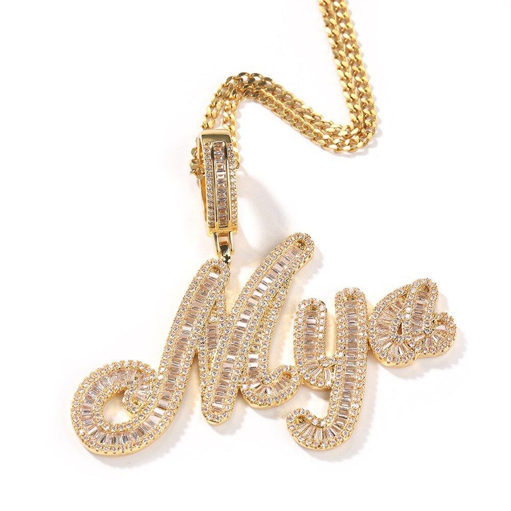 Custom Cursive Iced Out Bageutte Cubic Necklace - Lux Collections Boutique