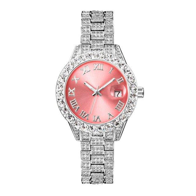 pink iced out round watch - Lux Collections Boutique