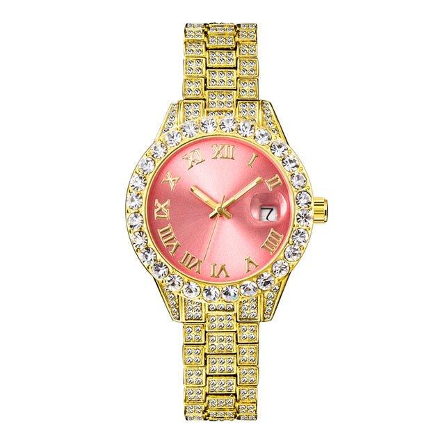 pink iced out round watch - Lux Collections Boutique