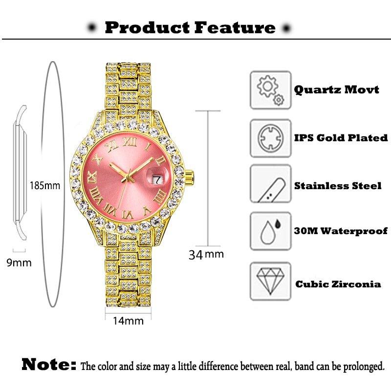 pink iced out round watch - Lux Collections Boutique