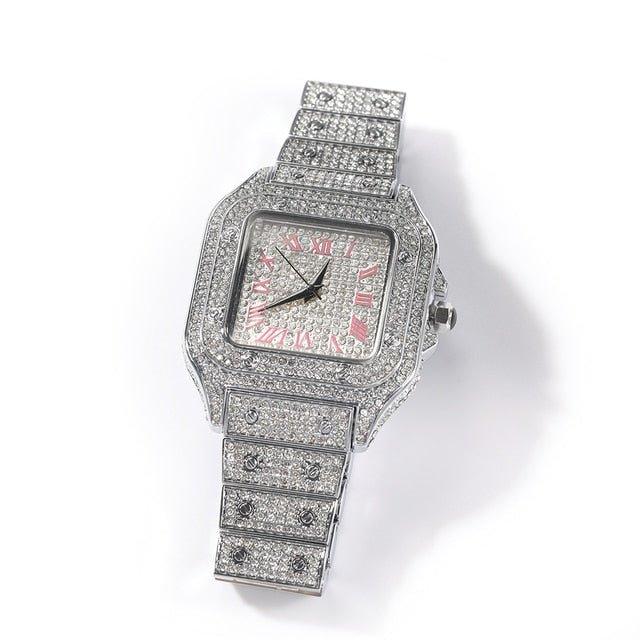 Iced Out Watch Square Diamond Pink /Blue - Lux Collections Boutique